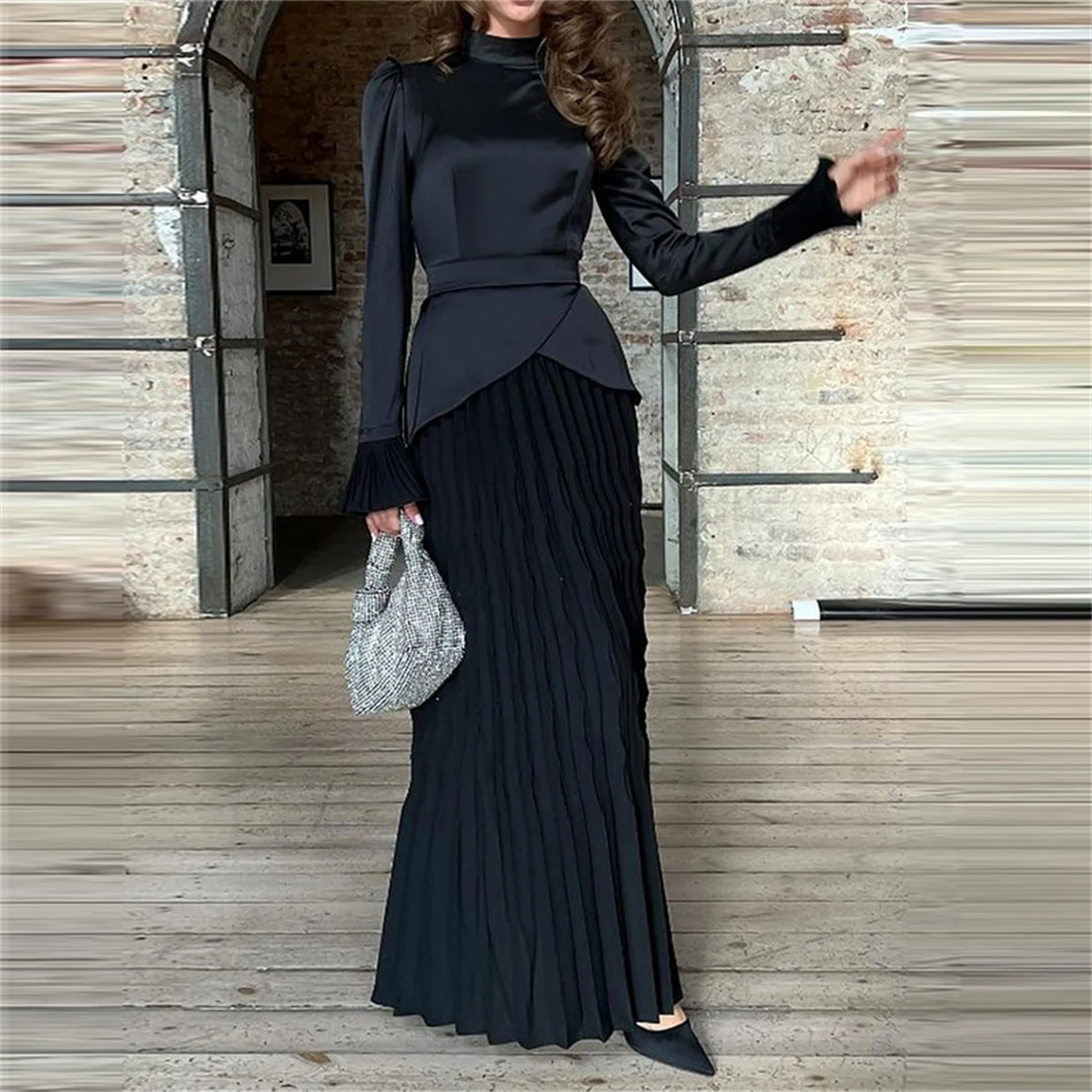 Elegant Solid Color Fashion Vintage Pleated Women\'s Dress Office Lady Patchwork Slim Fit 2024 Spring Summer New Party Dresses