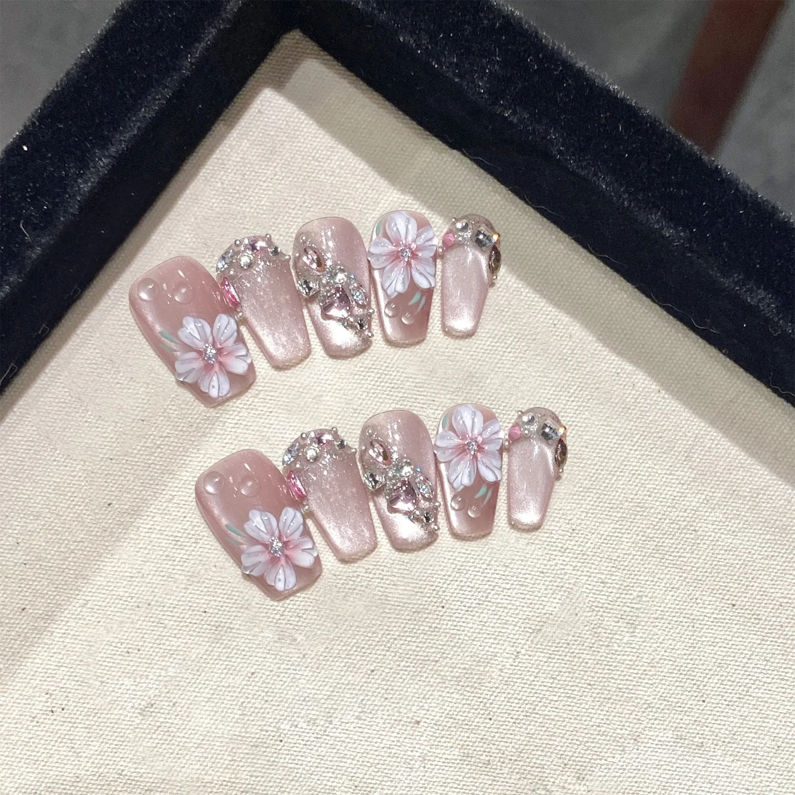 10 sztuk ręcznie robione naciśnij na paznokcie pełna pokrywa brokat 3D kwiat Rhinestone Design francuskie sztuczne paznokcie nadające się do noszenia porady Manicure Art