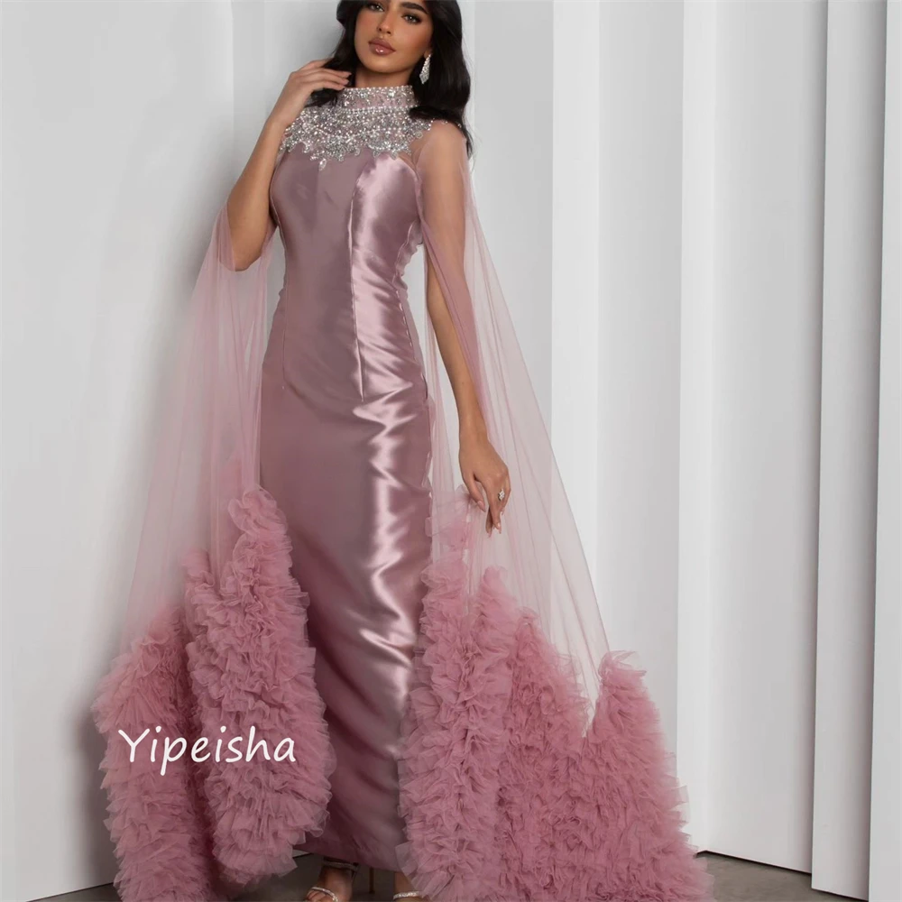 Exquisite Ballkleid mit hohem Kragen Perlen Pailletten Tüll bodenlangen Satin maßge schneiderte Anlass Kleider Abend