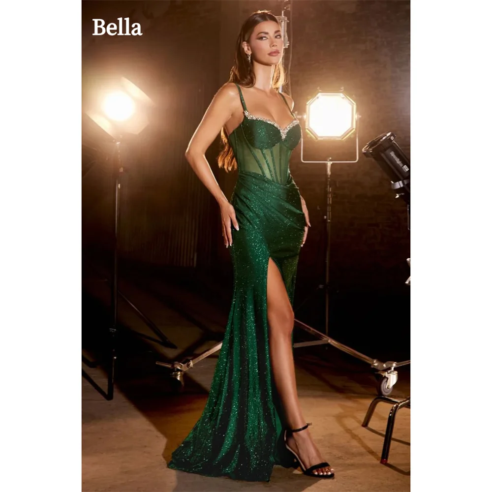 Bella Elegant Glitter Prom Dresses Spaghetti Strap Mermaid فساتين سهرة Elegant Sleeveless Side High Split Vestidos De Fiesta