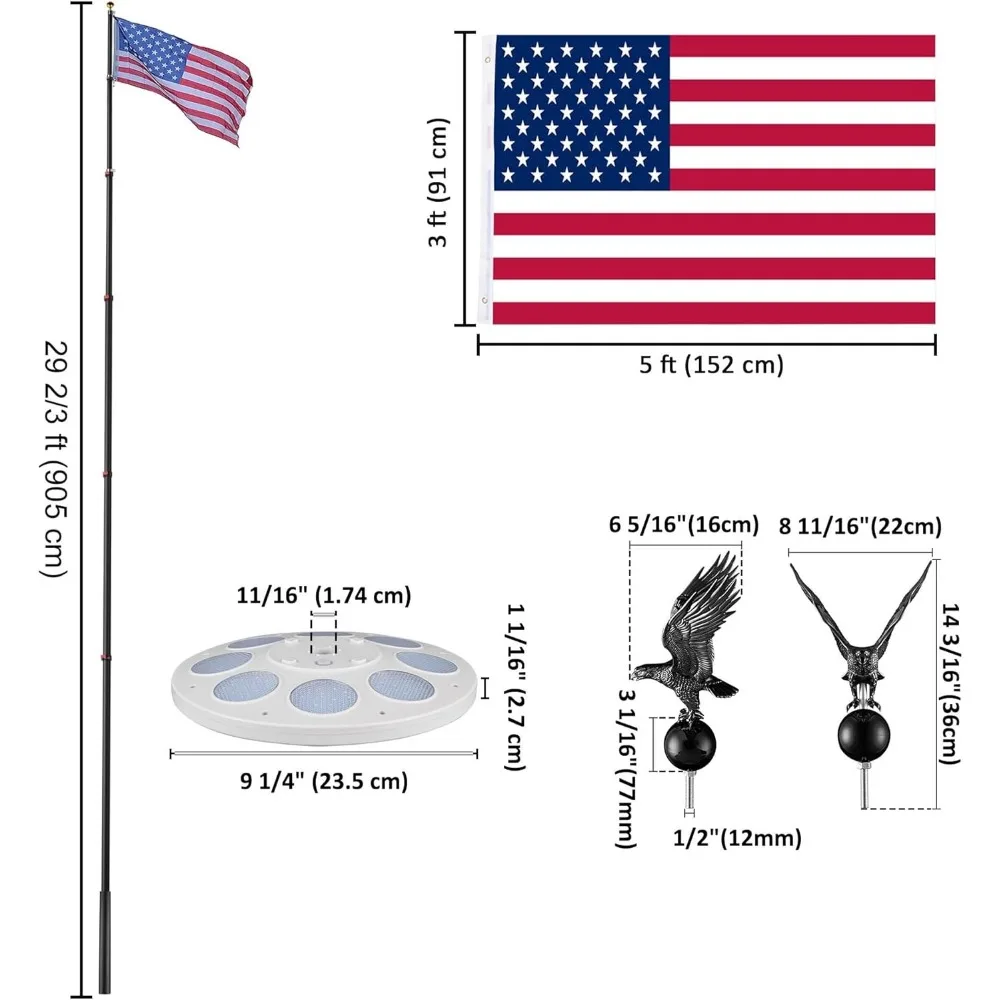 مجموعة عمود العلم التليسكوبي EZ GO بطول 30 قدمًا مع ضوء شمسي LED وعلم أمريكي للاستخدام الخارجي، مناسبة للمنازل والمركبات الترفيهية والمعسكرين #6