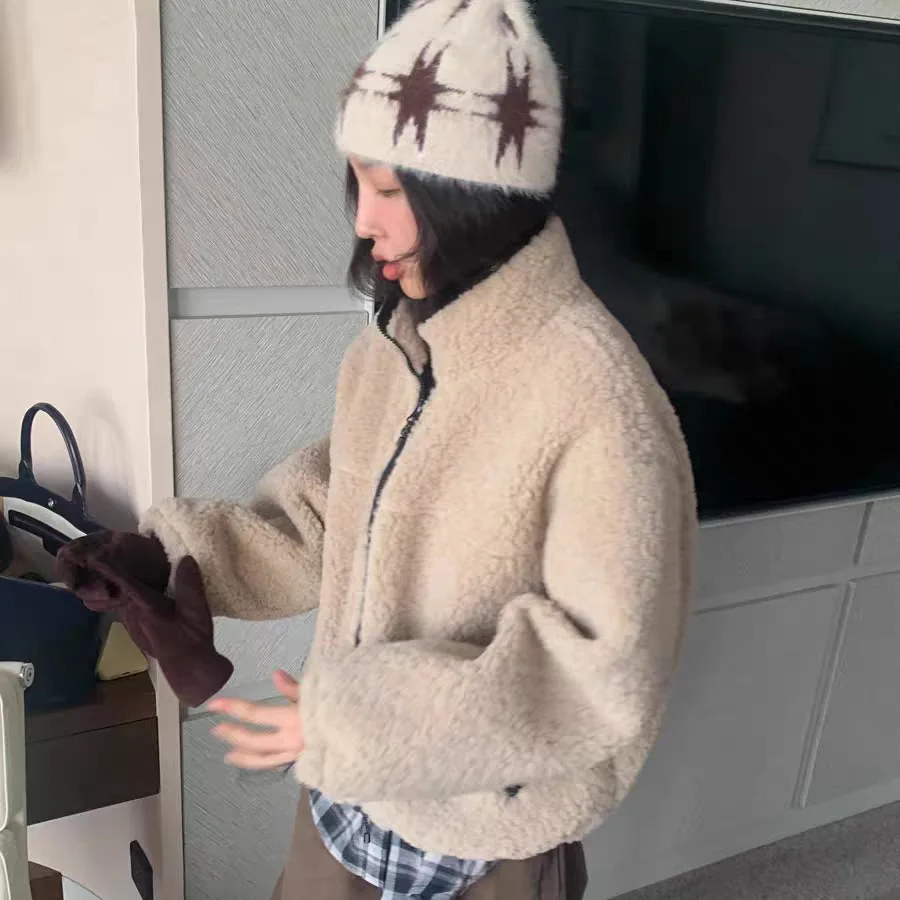 

Pae2025 Autumn Winter Lamb Fur Jaet Stand Collar Comfortable Soft Warm Women's Korean Sle Loose Fit Long Sve Zipper Coat