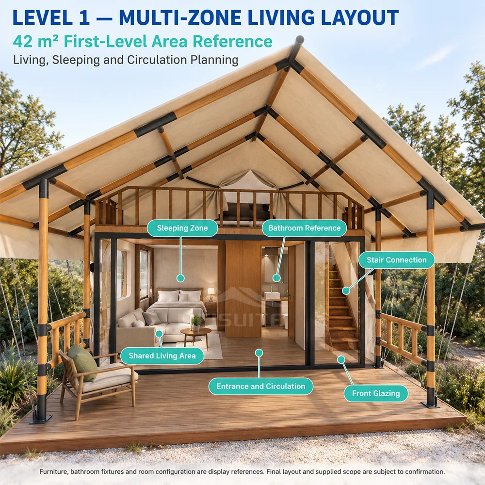 Outdoor Wooden Large Desert Camping Canvas 850g PVC Triangular Shape for All Seasons 70m² Two-Story