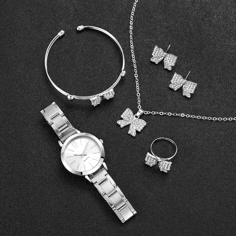 6pcs Fashion minimalist scale Ladies Alloy compact quartz watch with bow bracelet Necklace Ring Earrings set