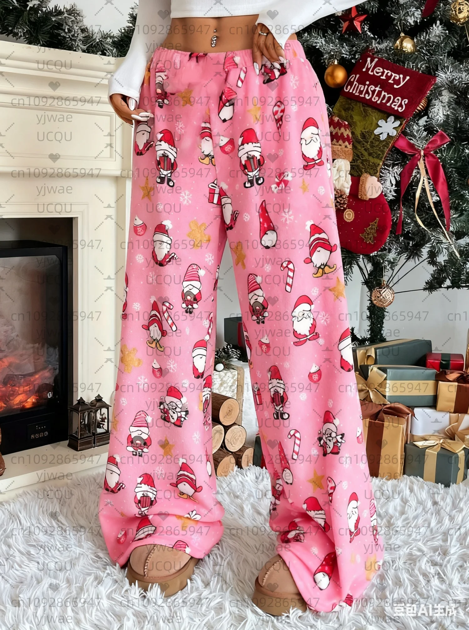 2025, Damen-Pyjamahose mit Weihnachts- und Weihnachtsmann-Aufdruck, lockere Plüschhose – lockere Pyjama-Hose mit Farbblockierung, Damenbekleidung