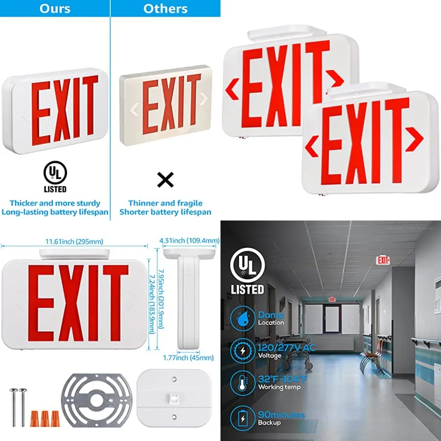 

LED Exit Sign, Emergency Exit Light with Battery Backup, Double Face, UL 924, AC 120/277V, Damp Location, Hardwi Letter Exit Li