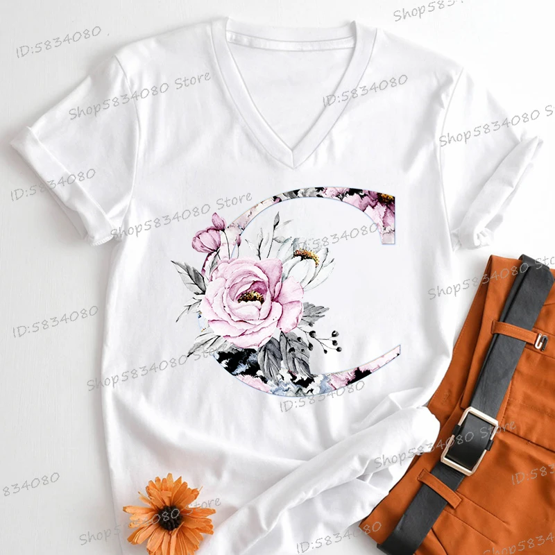 Watercolor Letter C Print Women V-neck T-shirts 26 Initials Flower Retro Classic Tops Alphabet Floral Women's Birthday Gift Tees