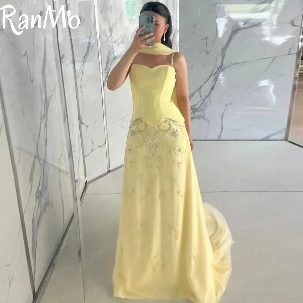 

Ranmo Customized Sleeveless Yellow Prom Dresses Sweetheart Cocktail Party Beadings Evening Dresses Floor Length Party Dresses