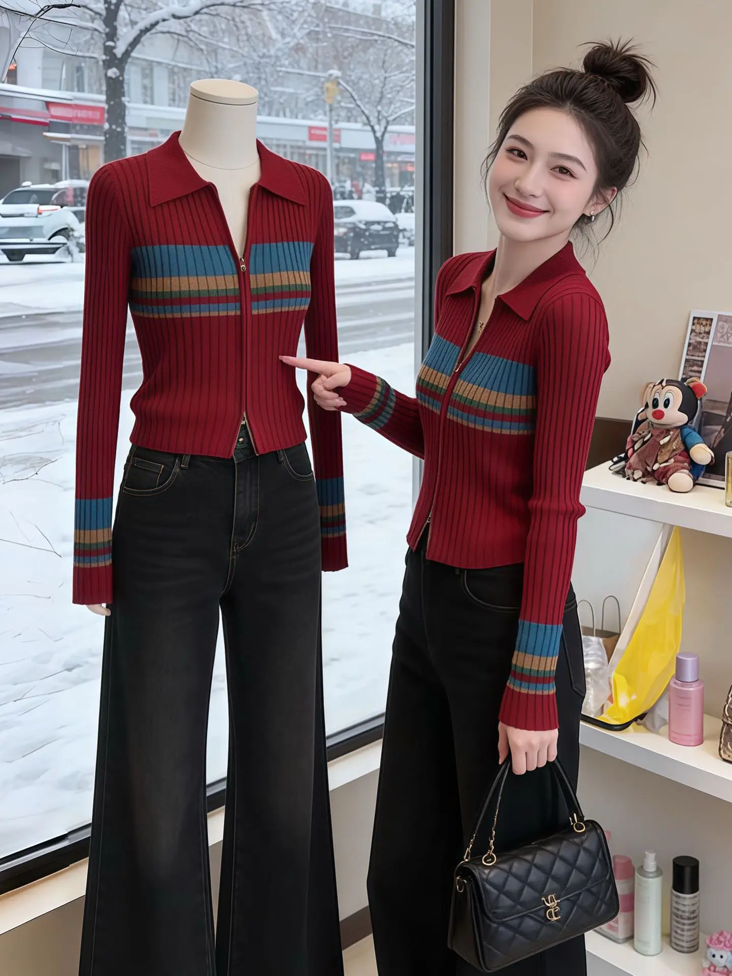 

Корейское вязаное короткое пальто в контрастную полоску для женщин, приталенное, весна 2026, модная новинка