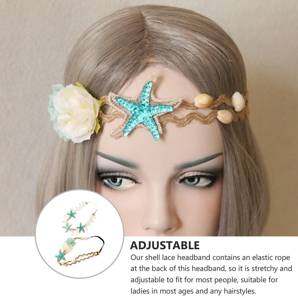 

2pcs Shell Lace Headband Adjustable Seashell Hair Band For Women Beach Style Wedding Party Photo Prop Hair Accessory