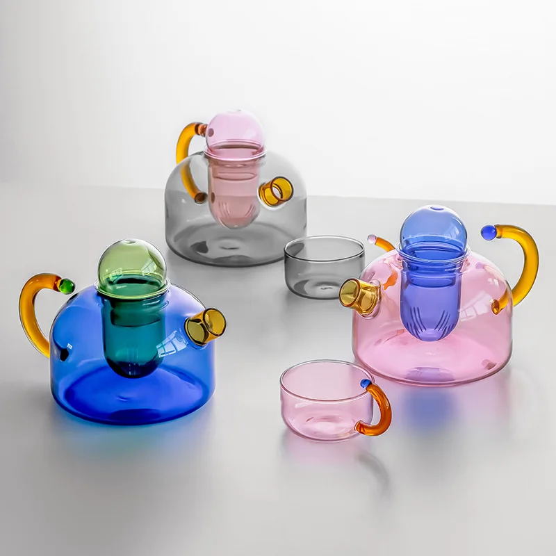 Colorful Glass Teapot And Tea Cup Set With Tea Infuser Heat-resistant Glass Teaware Kettle