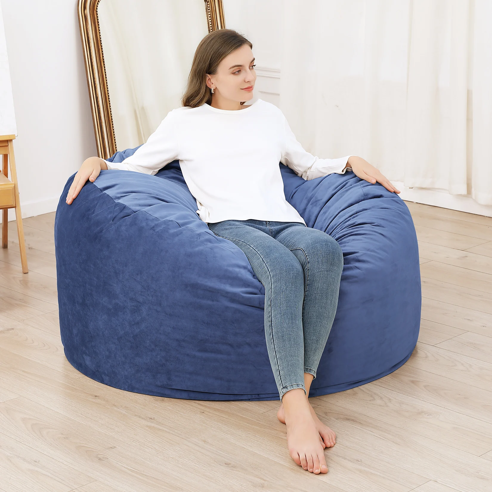 4FT Oversized Memory Foam Bean Bag Chair - Shredded Foam Filling - Removable Washable Velvet/Dutch Suede-Style Cover - Floor Lounger Sofa for Living Room, Dorm & Game Room - Navy/Black
