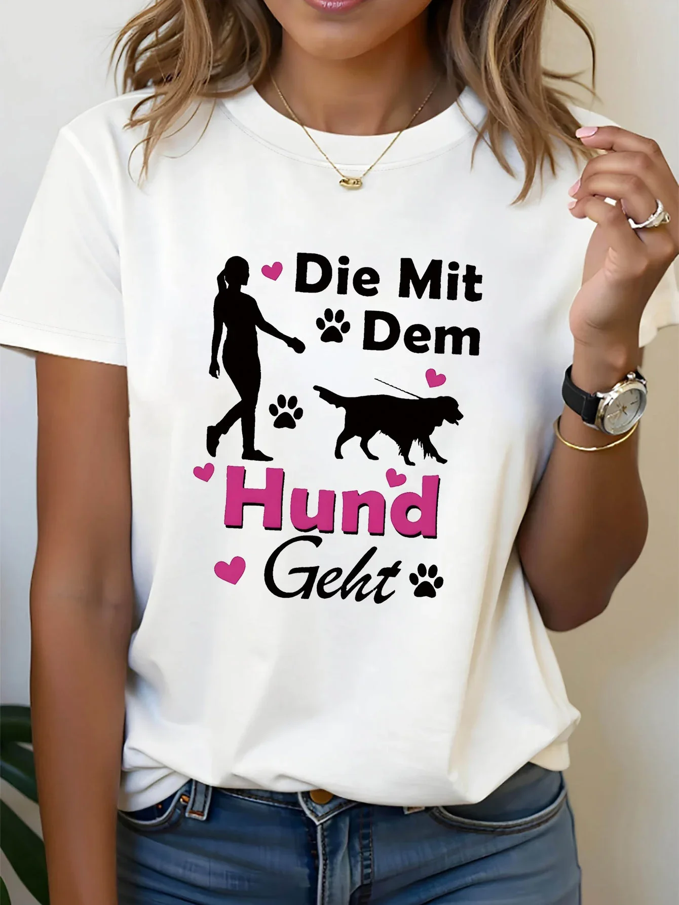 Women's T-shirt Short Sleeve Die Mit Dem Hund Geht German Letter Print Casual Top For Summer & Spring