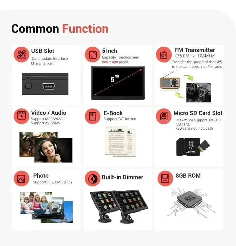 نظام ملاحة للسيارة بشاشة لمس عالية الدقة ، 8 غرام ، محركات عامة ، شاحنة ، خريطة عالية الوضوح ، 5 بوصة