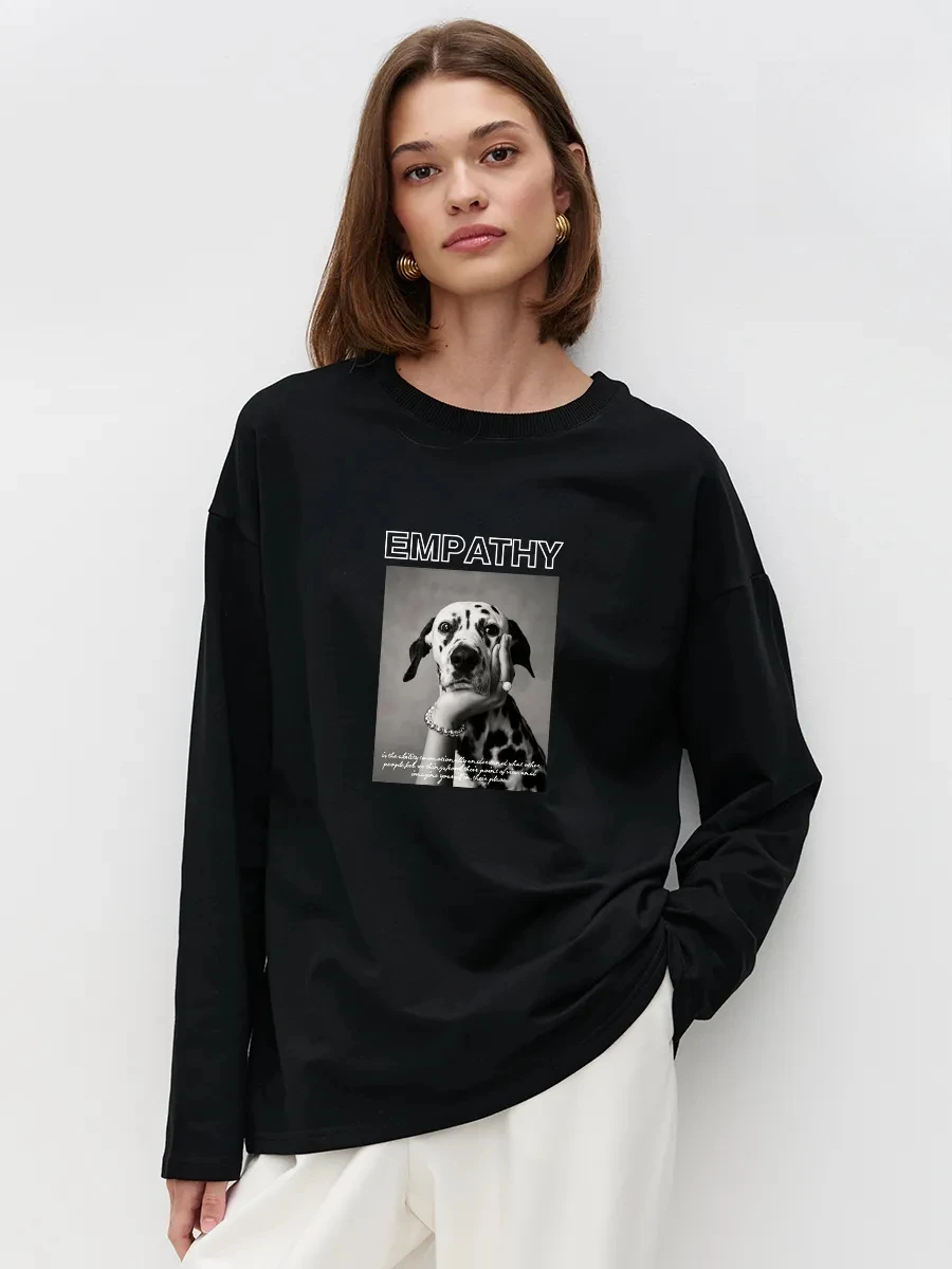 100% Cotton Women Long Sleeve T‑Shirt Letter Dalmatian Dog Chest Print Oversized Loose Autumn Casual Base Shirt For Female