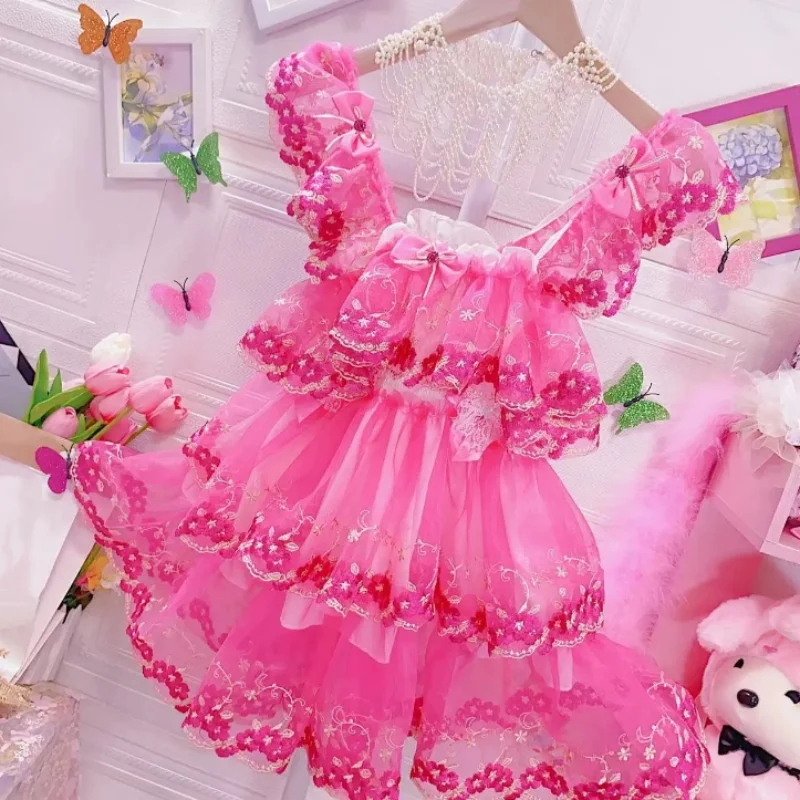 Sexy menina rosa jsk vestido sissy empregada cos cross-dressing abdl mini vestido bowknot renda plissado doce princesa tule vestido inchado