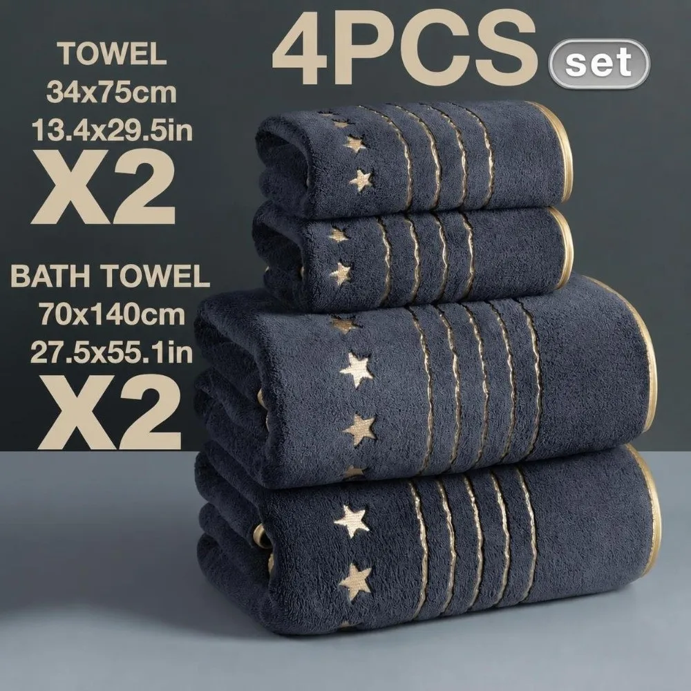 4pcs Absorbent Star Embroidered Towel Set Thickened Quick Dry Bath Towel Set Gold Trim Ultra Soft Bath Linen Set Holiday
