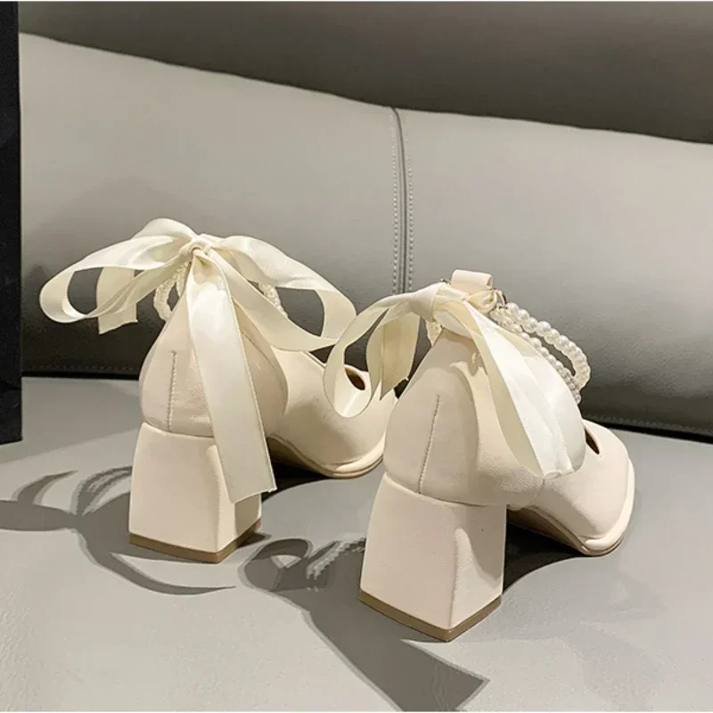 Talons hauts à nœud pour femmes, chaussures à essence Mary, chaussures Parker carrées, bouche peu profonde, chaussures de soirée à la mode, nouveau, 2025