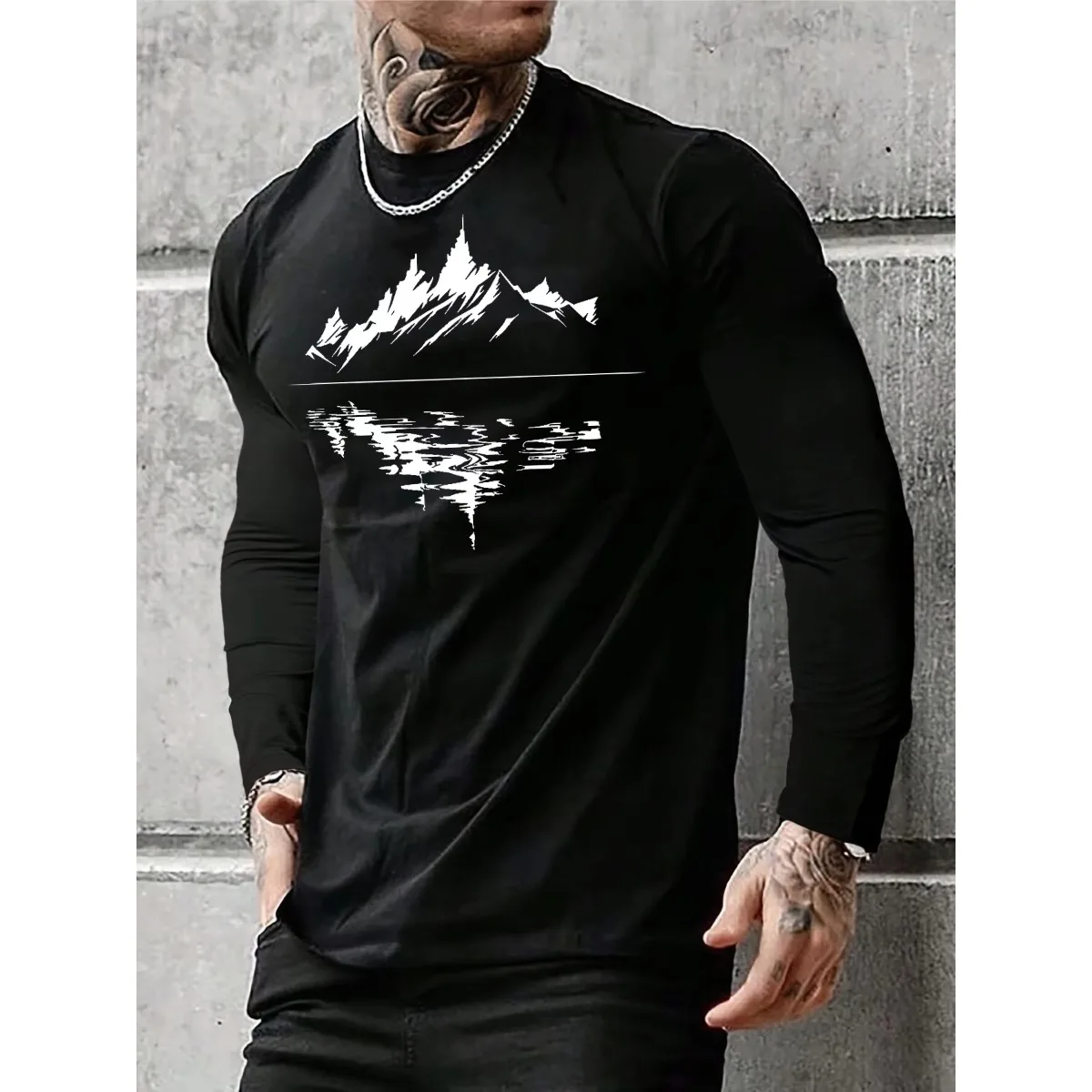 Men's 100% Pure Cotton Loose and Comfortable Casual Sports Mountain Reflection Pattern Printed Round Neck Long Sleeved T-Shirt
