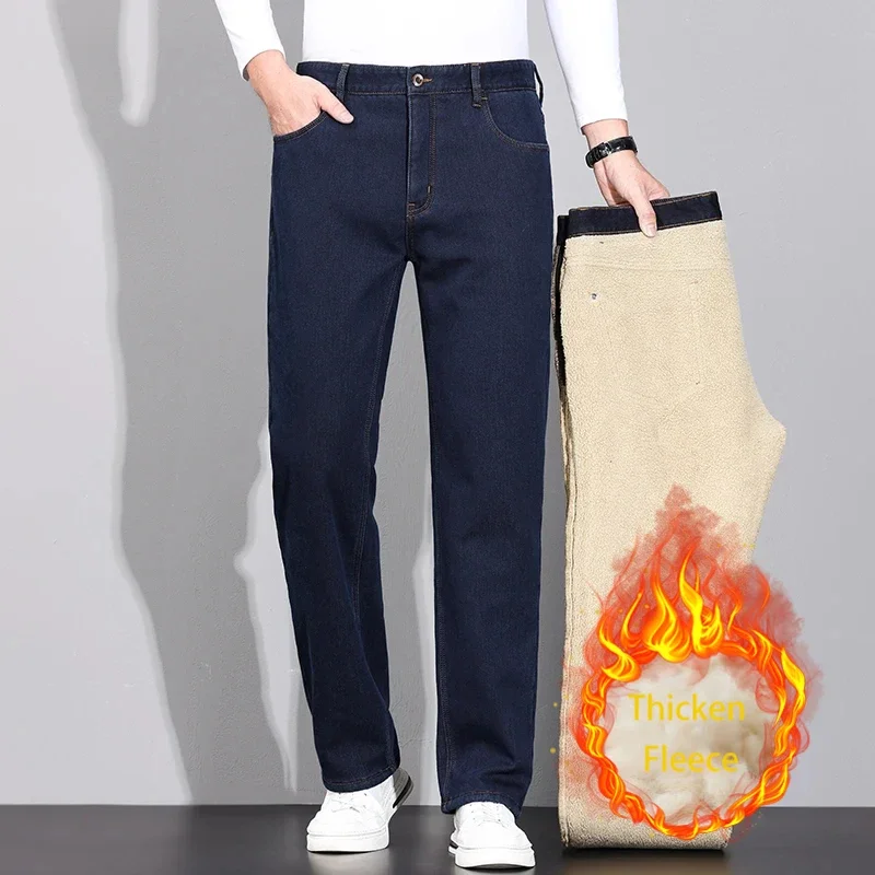 BROWON Brand Winter 2025 Straight Jeans Men Fleece Thickened Dark Blue Casual Jeans Man Business Denim Trouser for Men