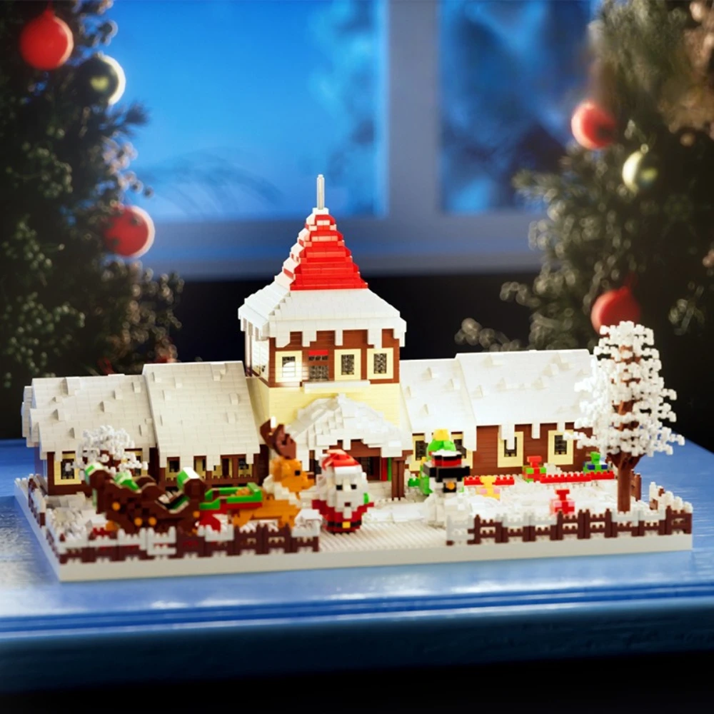MOC Christmas Santa Claus Cottage Building Blocks Set Winter Tree Snow House With Light Toys For Adults Birthday Xmas Gifts