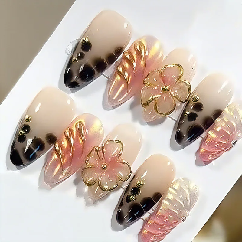 30Pcs Bestselling Premium Almond Press On Nails 3D Stereo French Leopard Print Steel Ball Gradient Flower False Nail Tips