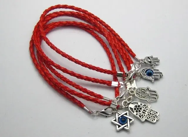 20 Mixed Kabbalah Hamsa Hand Charms Red Leatheroid Braided String Bracelets