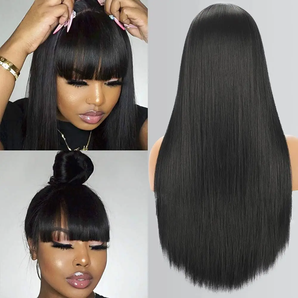 Wig Brasil mesin penuh berenda bagian tengah 3x1 lurus Natural dengan poni ketebalan 200% Wig Bob rambut manusia untuk pilihan wanita