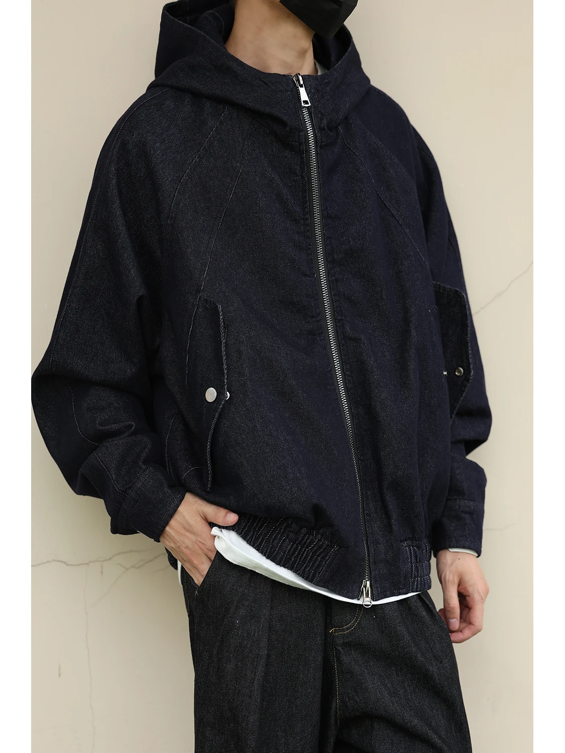 

American Retro Hooded Denim Jaet Men's Loose Double Zipper Casual Jaet Top Cotton Polyester Blend Long Sve Youth Faion