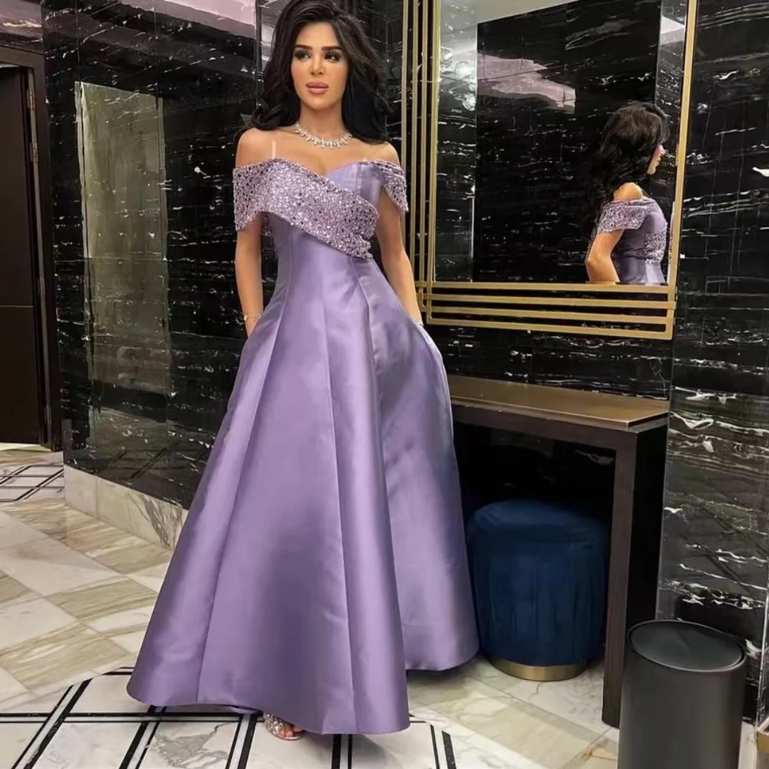 

Santorini Saudi Arabia Women Wear Sequins Off Shoulder Vestidos Prom Dresses Long Satin A Line Evening Party Formal Gowns