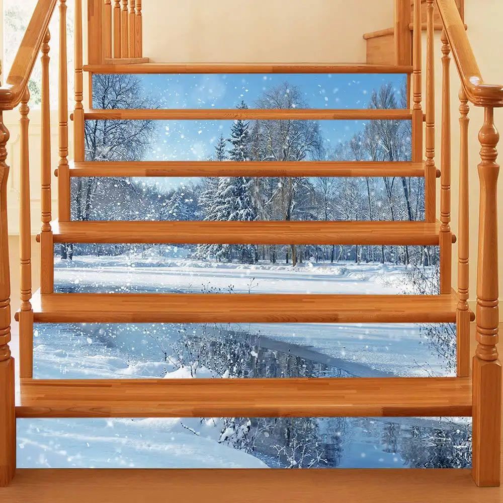 Winter Snow Forest Stair Riser Stickers 6Pcs 100x18cm Removable Vinyl Decals Snowy View Wallpaper for DIY Home Staircase Decor