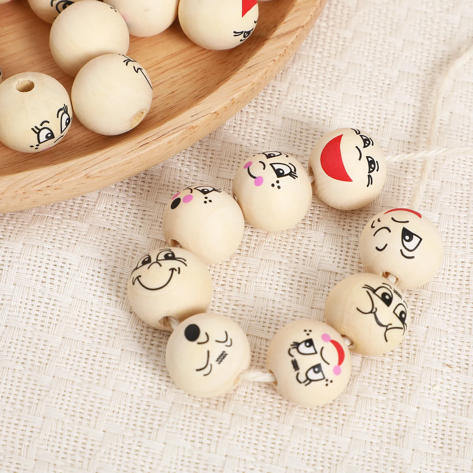 80Pcs Wooden Round Smile Beads Face Wood Craft Beads Large Hole Loose Spacer DIY Jewelry Making Accessories Loose Round Beads,