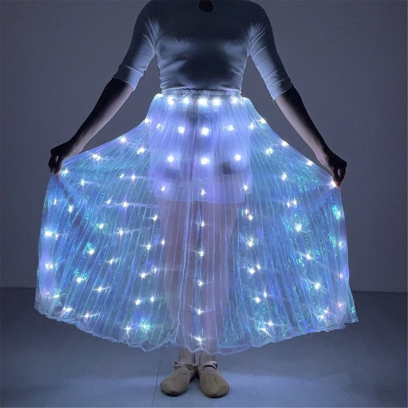 Jupe danse du ventre LED 95AB, jupes danse d'ange lumineuses, longues jupes froncées, Costume danse du ventre féminin