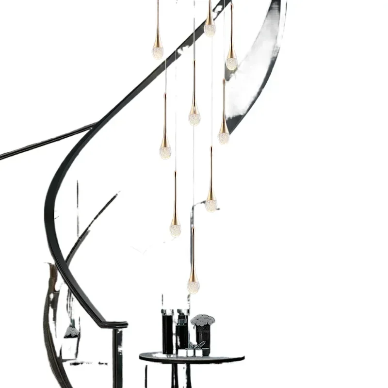 Modern simple stair chandelier crystal light luxury duplex building empty living room large villa rotating staircase