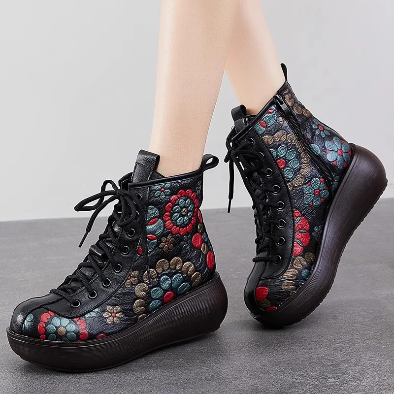 GKTINOO Genuine Leather Women Boots Retro Shoes 2024 New Autumn Winter Print Round Toe Lace-up Handmade Concise Platform Boots