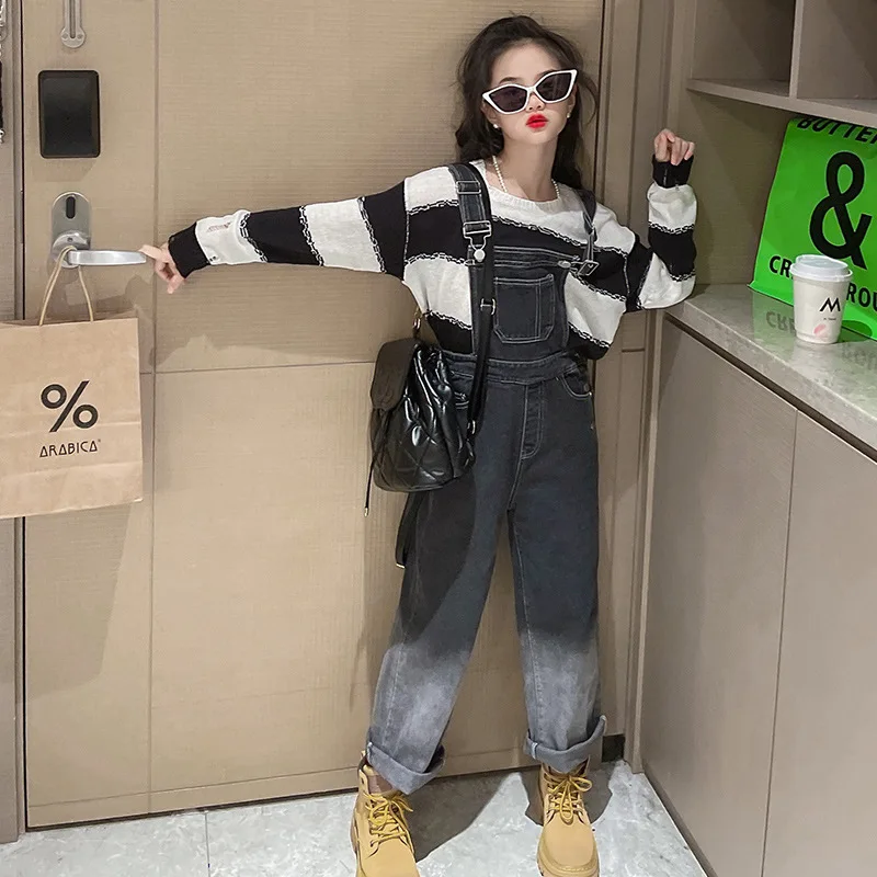 Autumn Suspenders Jeans Bib Pants 2024 Korean Style Children Overalls for Girls Denim Jean Jumpsuit Teenage 4 6 8 10 12 15 Years