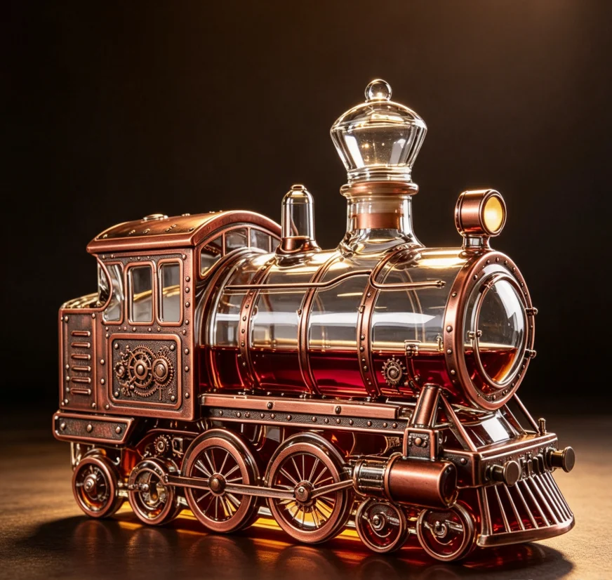 Premium Clear Glass Whiskey Decanter with Unique Locomotive Design – Home Bar Decor Wine Carafe Bottle Ideal Gift