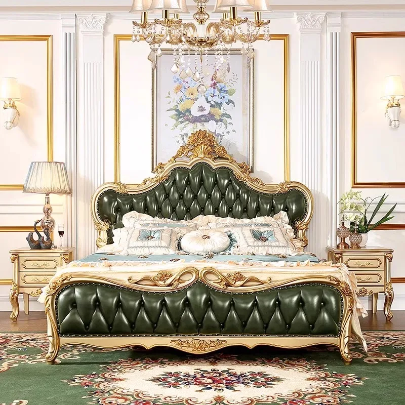 Leather  luxury full solid wood  double bed 1.5 meters 1.8 meters villa first layer cowhide master