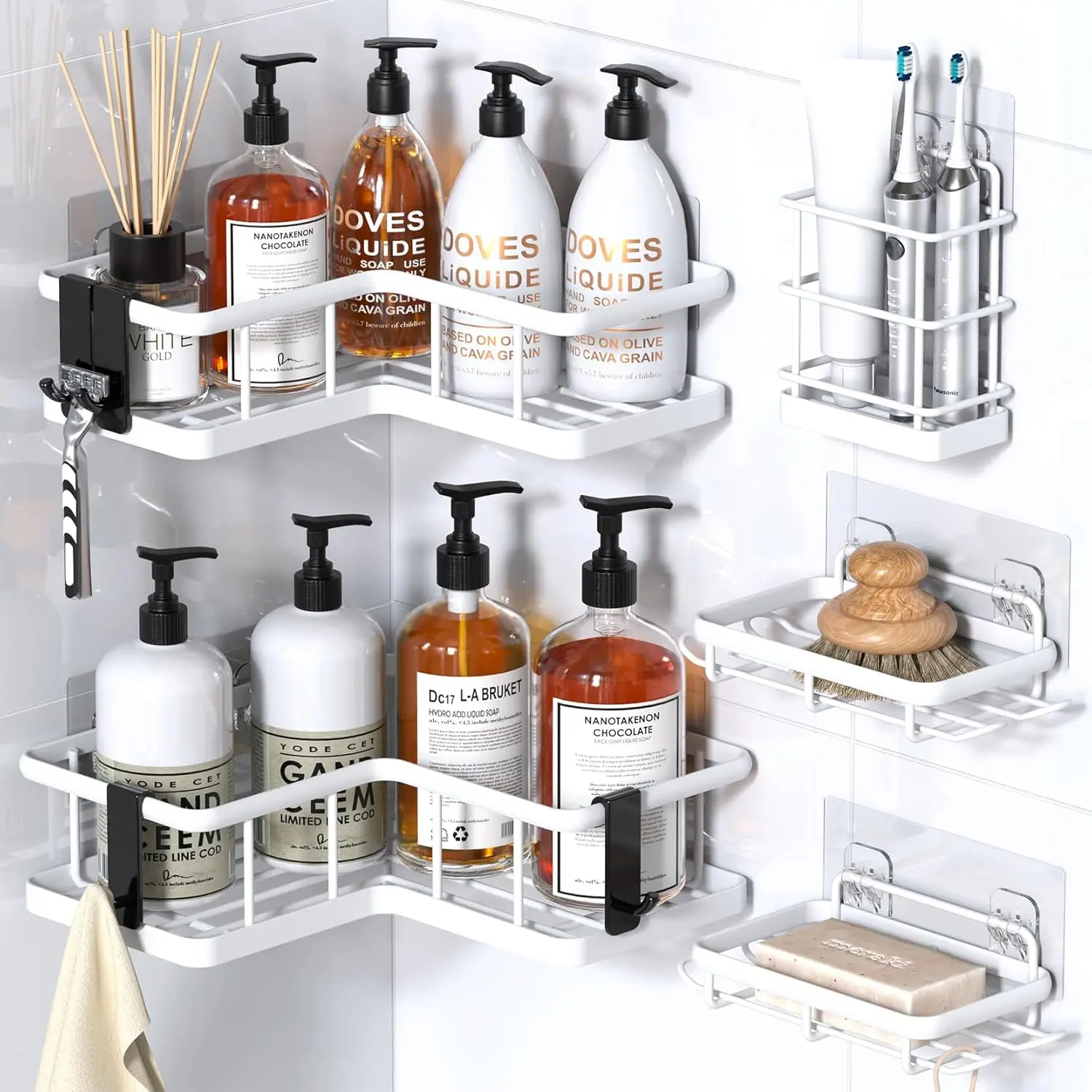 5 Pack Corner Shower Caddy Adhesive Bathroom Shelves Wall Mounted No Drill Storage Organizer Rack for Shower Kitchen Rustproof Bath Shelf for Shampoo Soap Toiletries