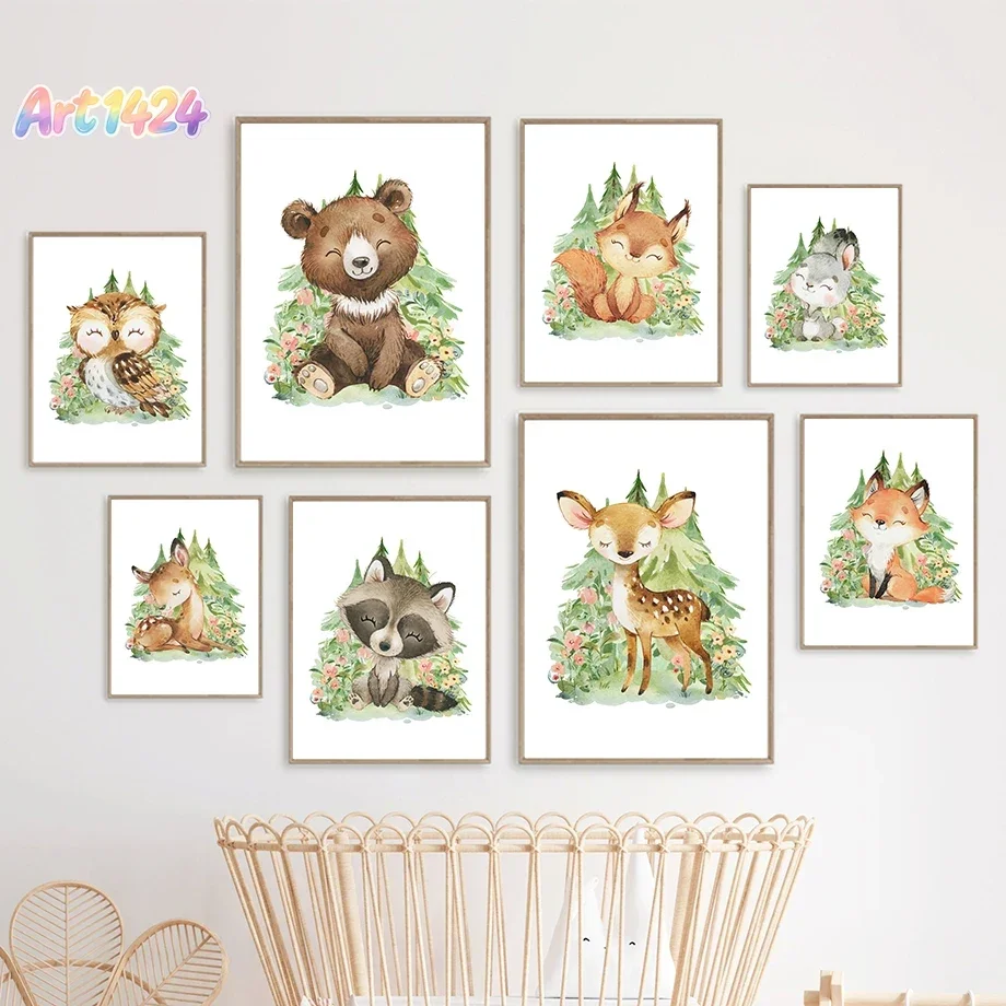 Fox Rabbit Owl Deer Bear Raccoon Minimalist Wall Art Print Canvas Painting Posters for Living Room Modern Home Decor