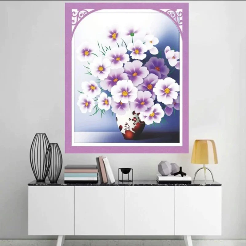 New purple blooming handmade cross stitch finished product, simple and modern living room decoration hanging painting60*70