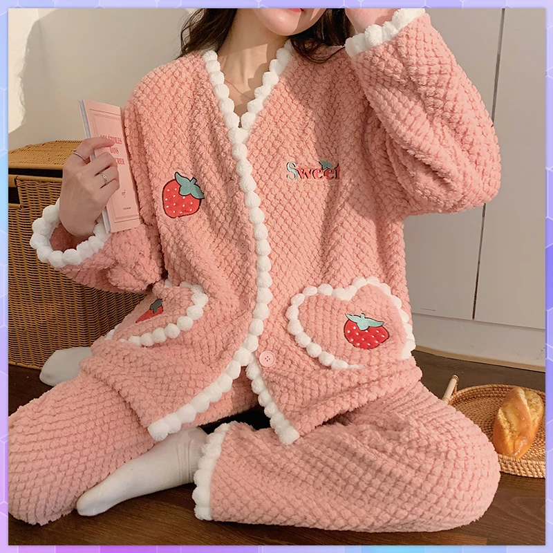 

Winter Warm Sleepwear Women's Pajamas With Pants Set Kawaii Thickened Comfortable Pajama Girls Coral Velvet Casual Homewear Suit