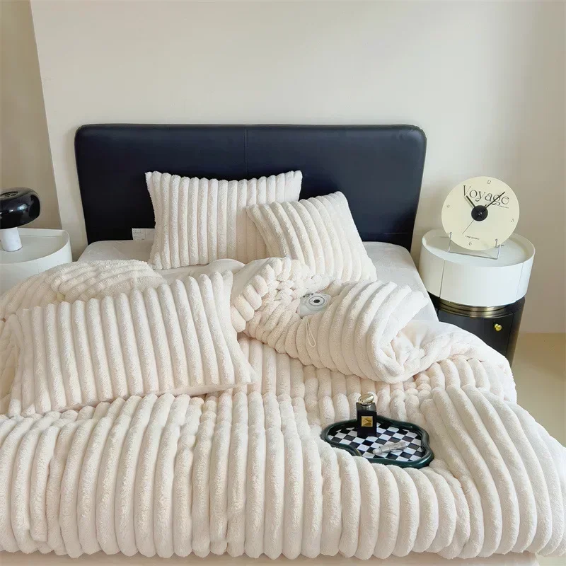 Winter Thickened Plush Warm Duvet Cover Set Solid Color Luxury High Quality Quilt Cover Sheet Pillowcase 4pcs Queen Bedding Set