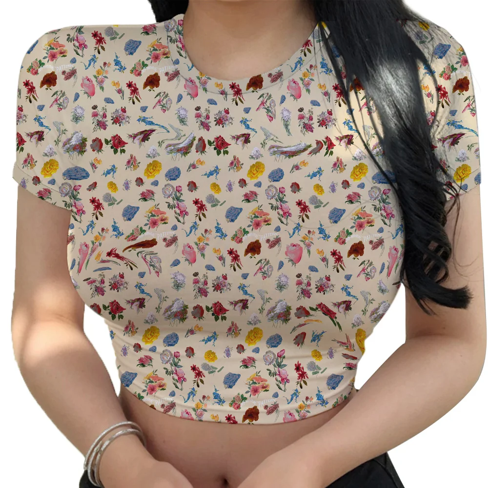 Retro Flower Crop Top For Women Summer Quick Dry T-shirts Ladies Casual Sports Clothes Streetwear Girls Gym Short Sleeve Tees