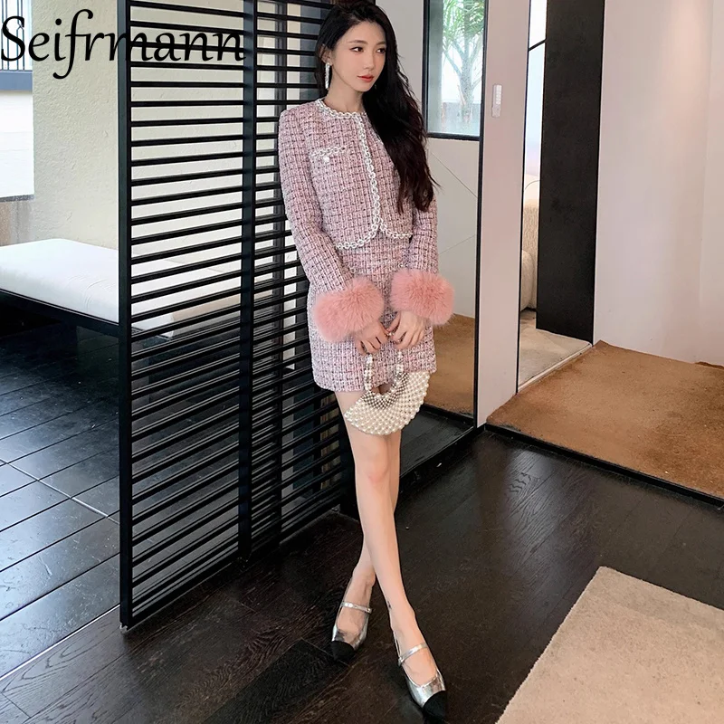 

Seifrmann 2026 Spring Women's New Fashion Round Neck Long Sleeve Coat+Round Neck Sleeveless Dress Two Piece Set