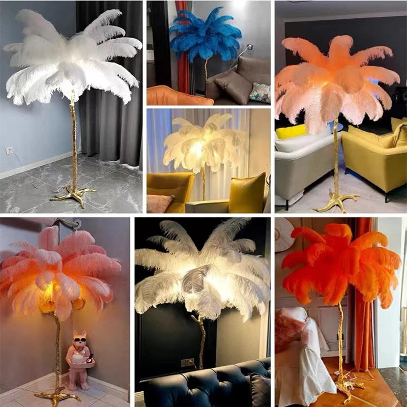 Luxury Ostrich Feather Led Floor Lamp Modern Living Room Bedroom Home Decor Standing Lights Nordic Gold Resin Floor Lamps H170cm