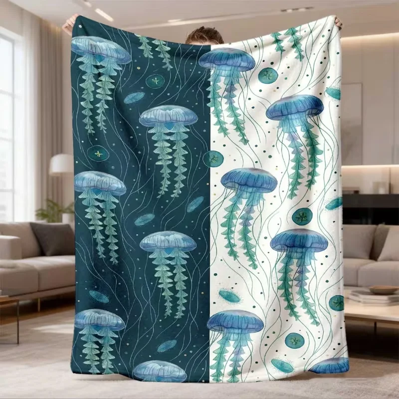 Watercolor Ocean Animal Blanket Dolphin Turtle Jellyfish Seashell Print Soft Warm Throw Couch Bed Blanket Nautical Style Blanket