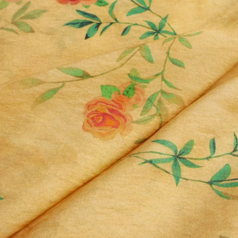 Vintage Ginger yellow base with red rose print, thin Tencel hemp fabric for traditional cheongsam and HanfuB