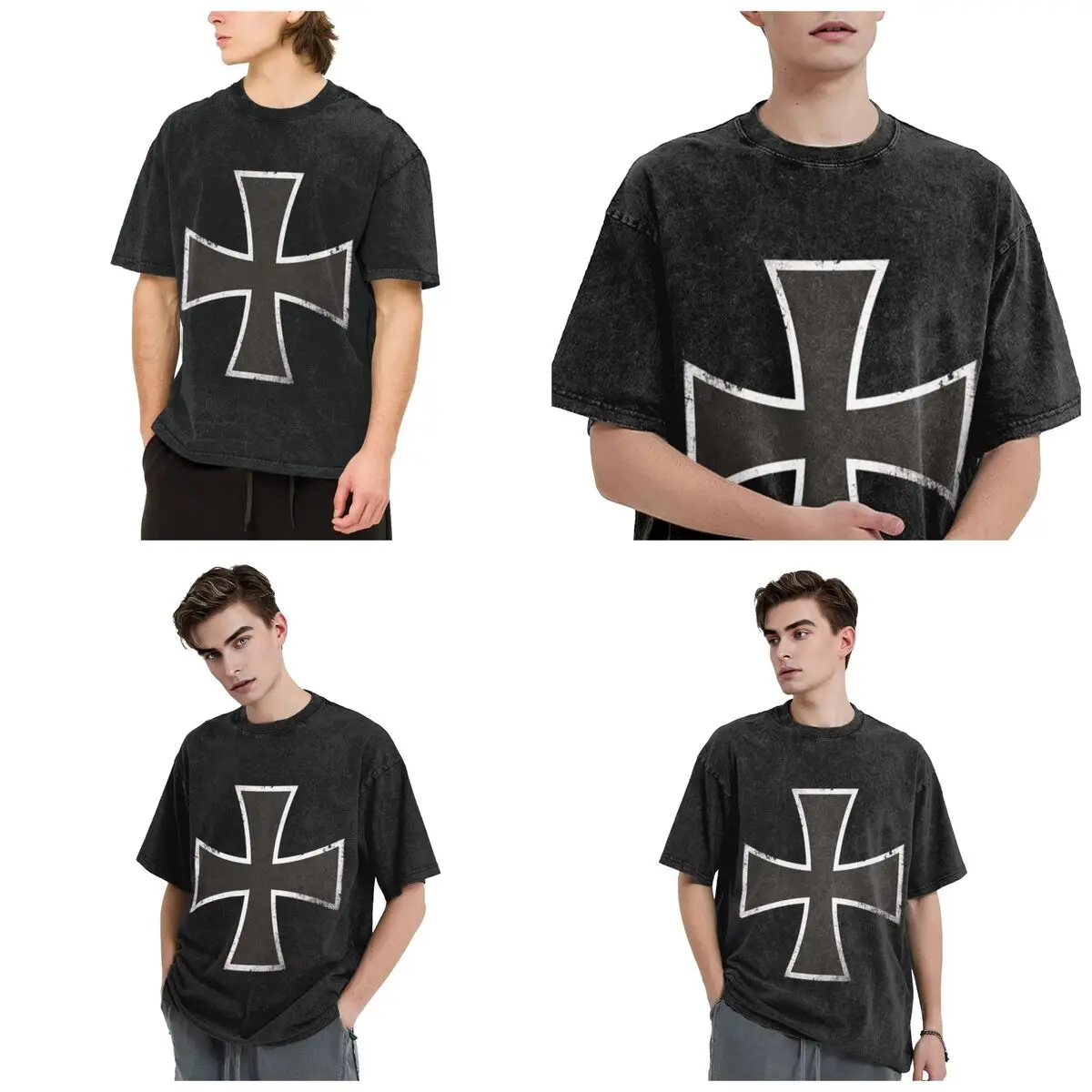 German Iron Cross Hip Hop Short Sleeve T-Shirts Washed Tops Tees Streetwear T Shirt Vintage for Men Women