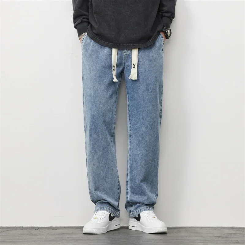 Spring and Autumn Unisex Jeans Loose Straight Leg Fall Simple Casual Elastic Waist Trousers Woman Denim Cargo Pants Men